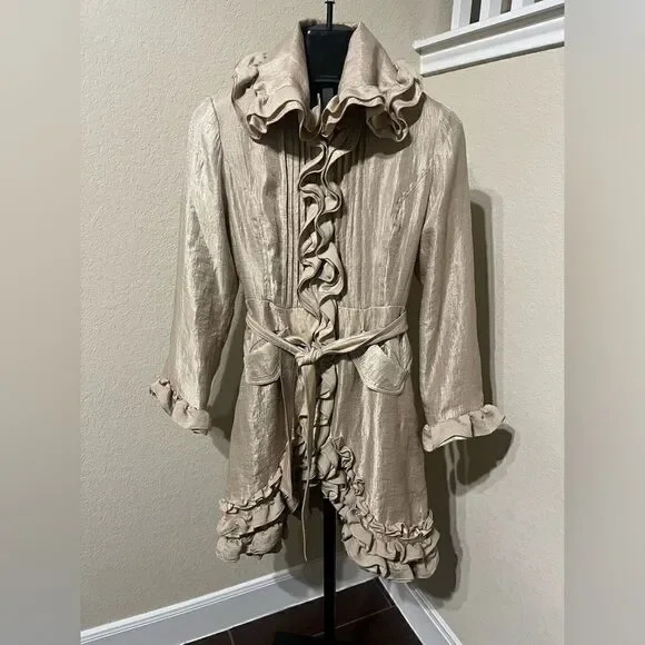 Samuel Dong shimmer champagne bubble ruffle hem coat/dress sz small - Picture 3 of 11